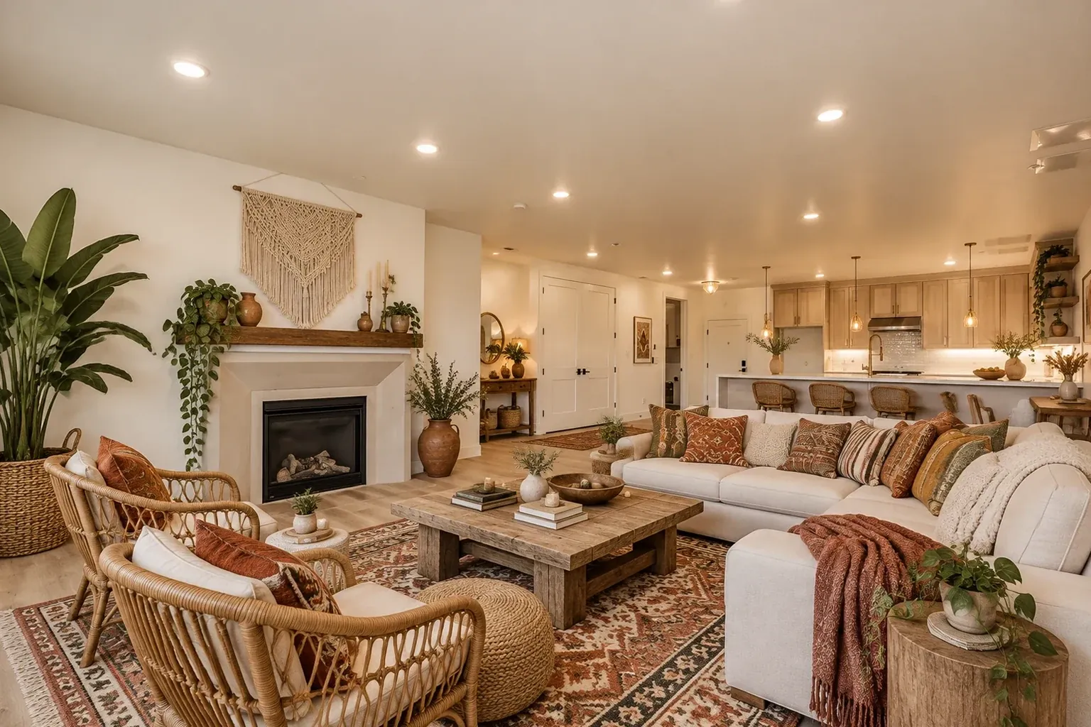 A living room staged in the Bohemian style