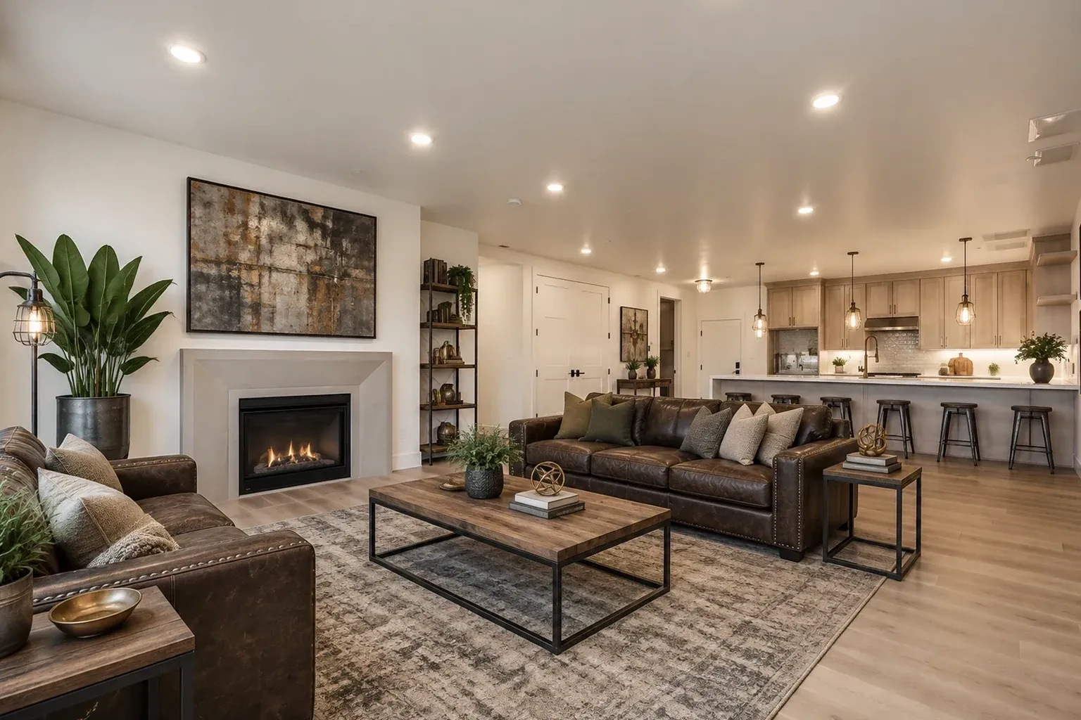 A living room staged in the Industrial style